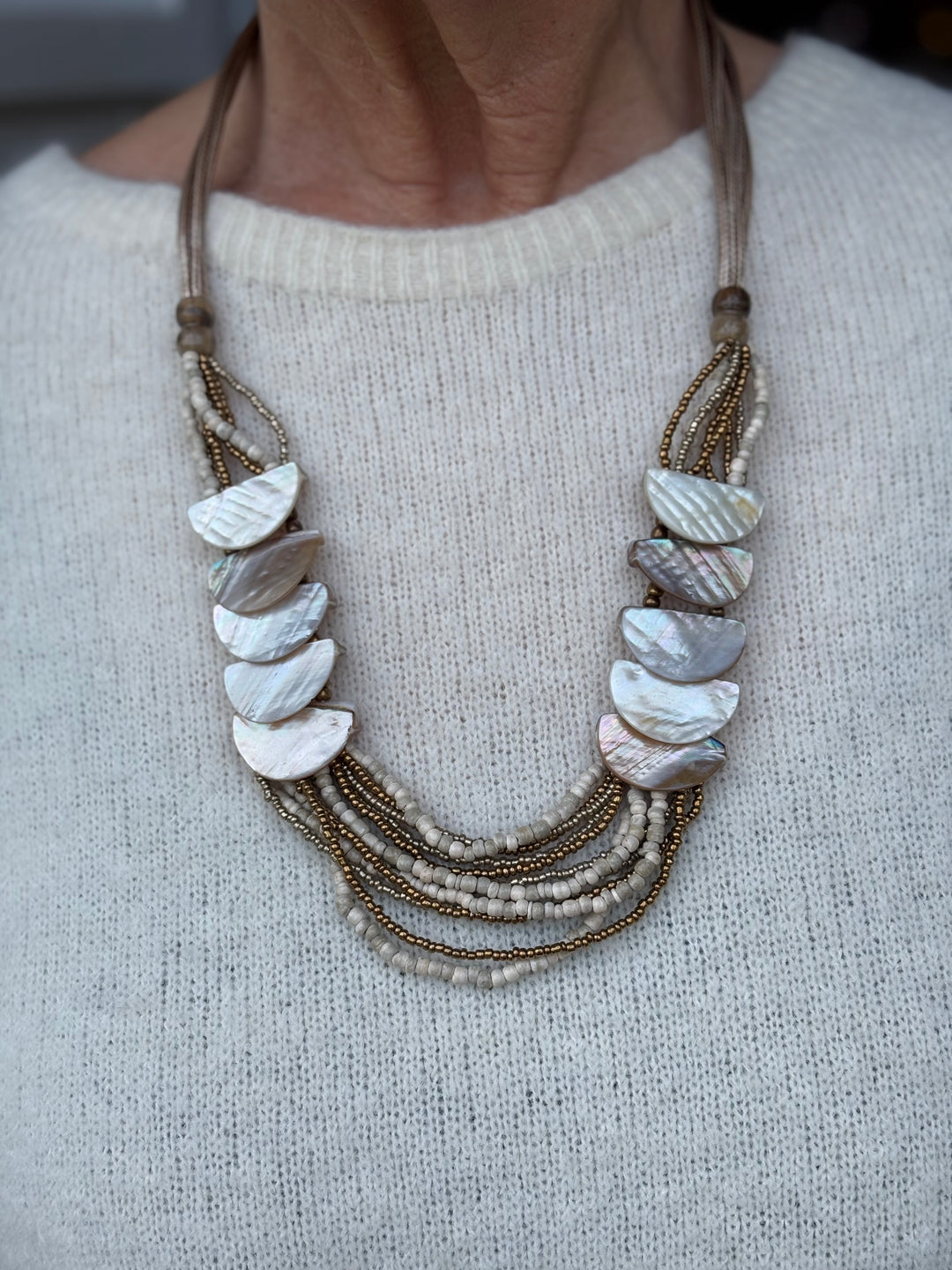 Multi Strand Half Moon Shell Bead Necklace | Stone Pearl