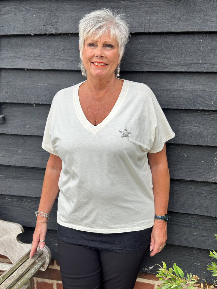 V-Neck Small Star T-Shirt | Stone