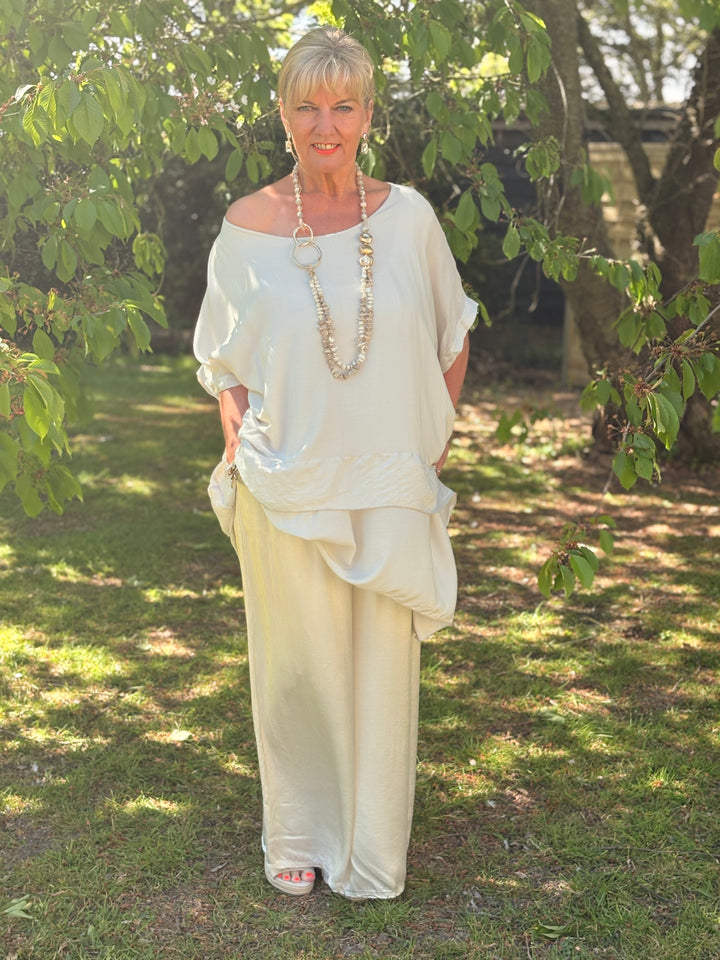 Satin Feel Floaty Trousers | Cream