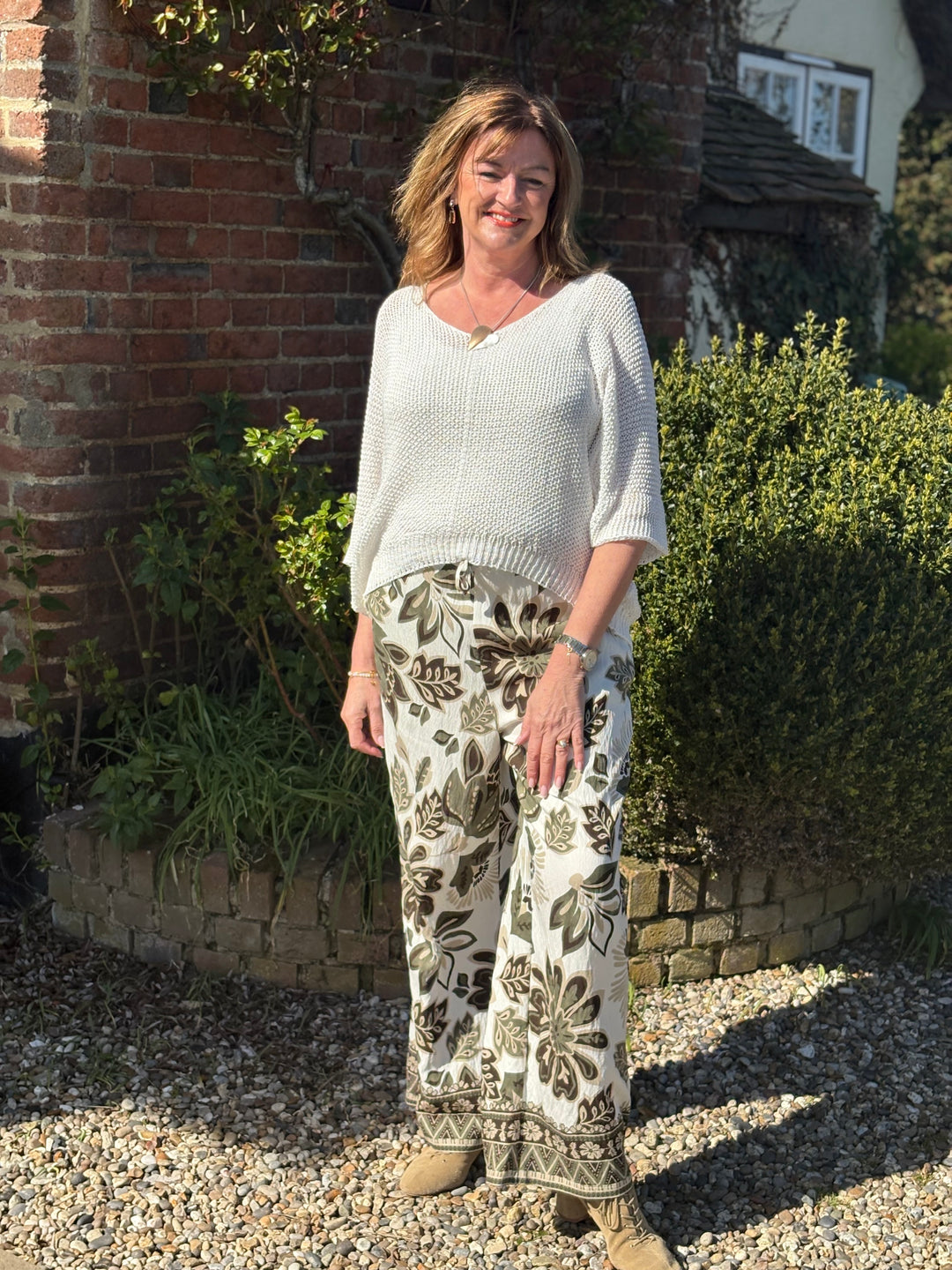 Botanical Print Wide Leg Trouser - Malissa J | Khaki