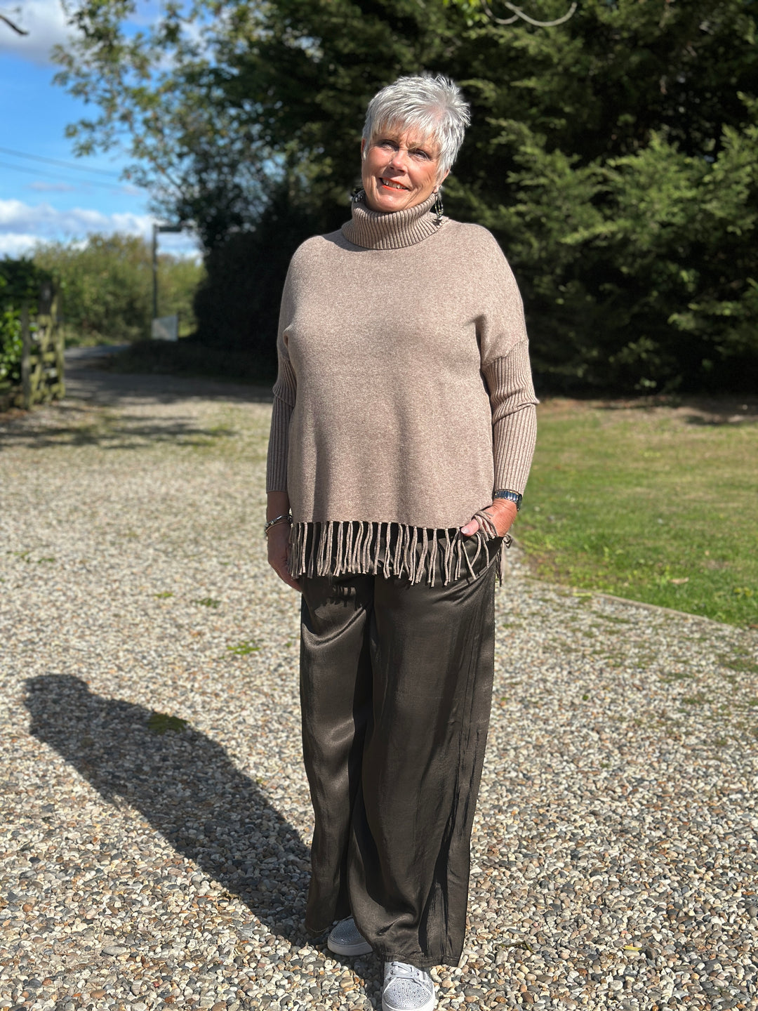 Roll Neck Tassel Hem Jumper | Taupe