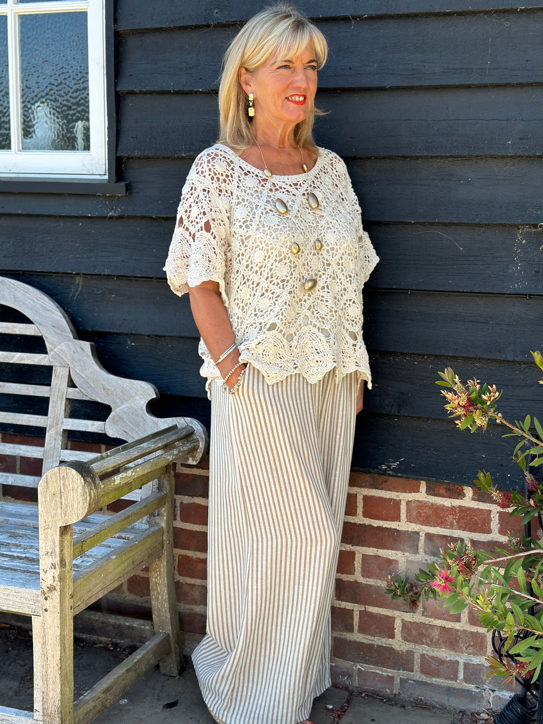 Wide Leg Linen Stripe Trouser | Beige