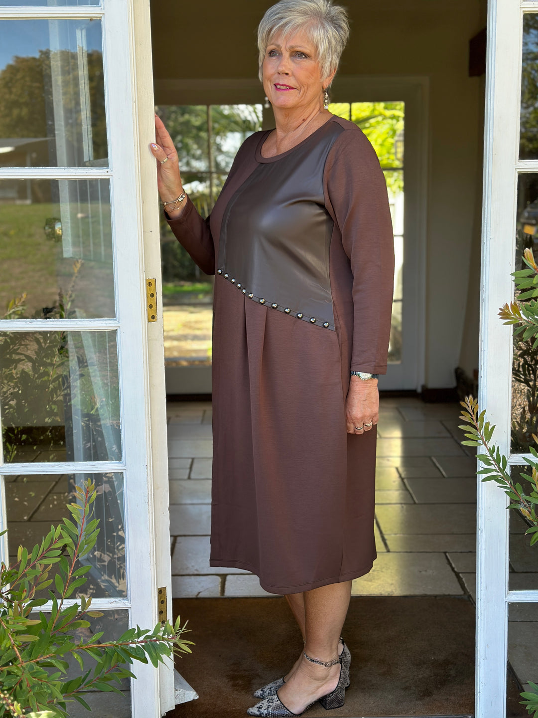 Studded Faux Leather Panel Dress - Malissa J | Chocolate Brown