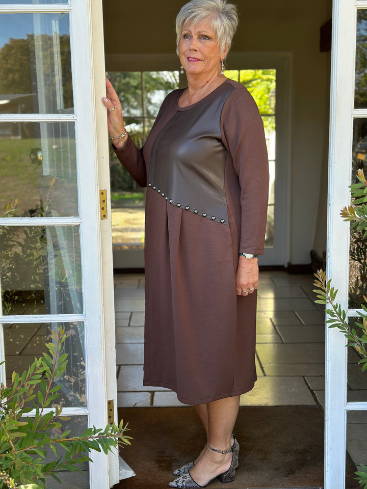 Studded Faux Leather Panel Dress - Malissa J | Chocolate Brown