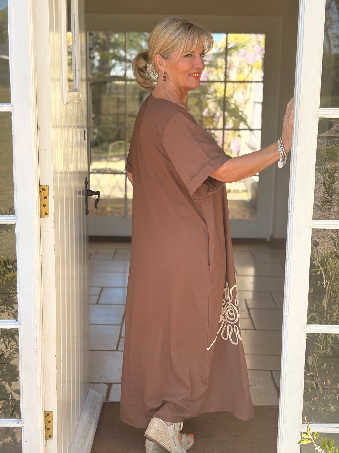 Embroidered Flower Print Tunic Dress | Chocolate