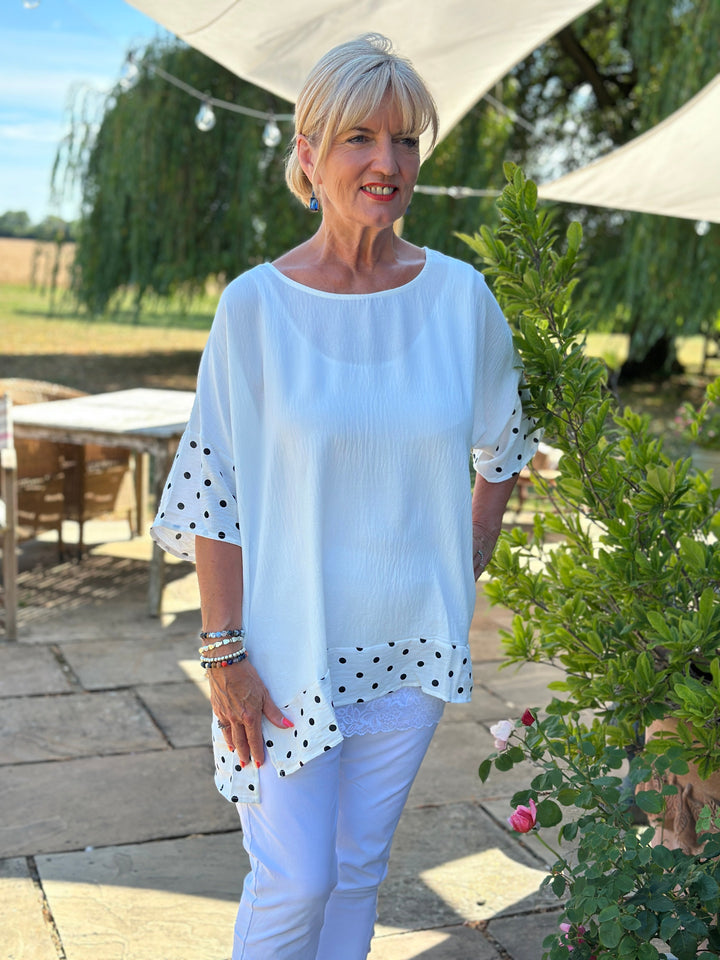 Polka Dot Trim Cotton Top | White