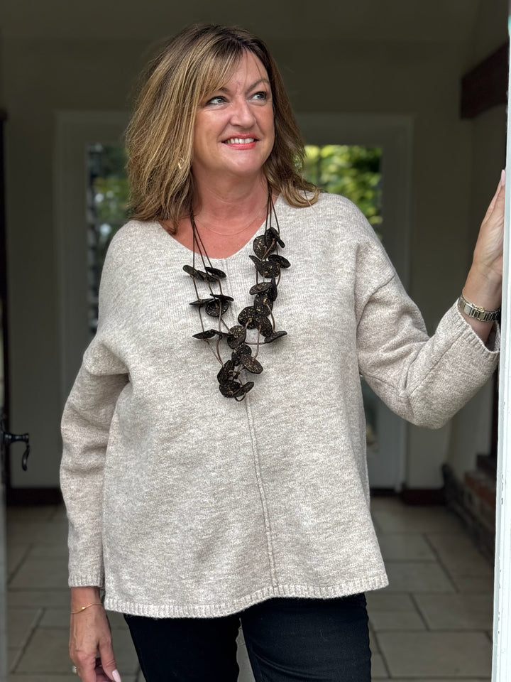 Raised Seam V-Neck Jumper | Beige