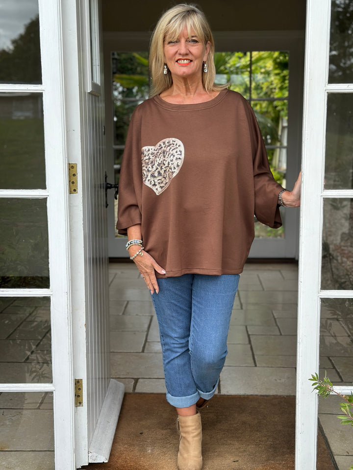 Batwing Sequin Heart Jumper | Brown