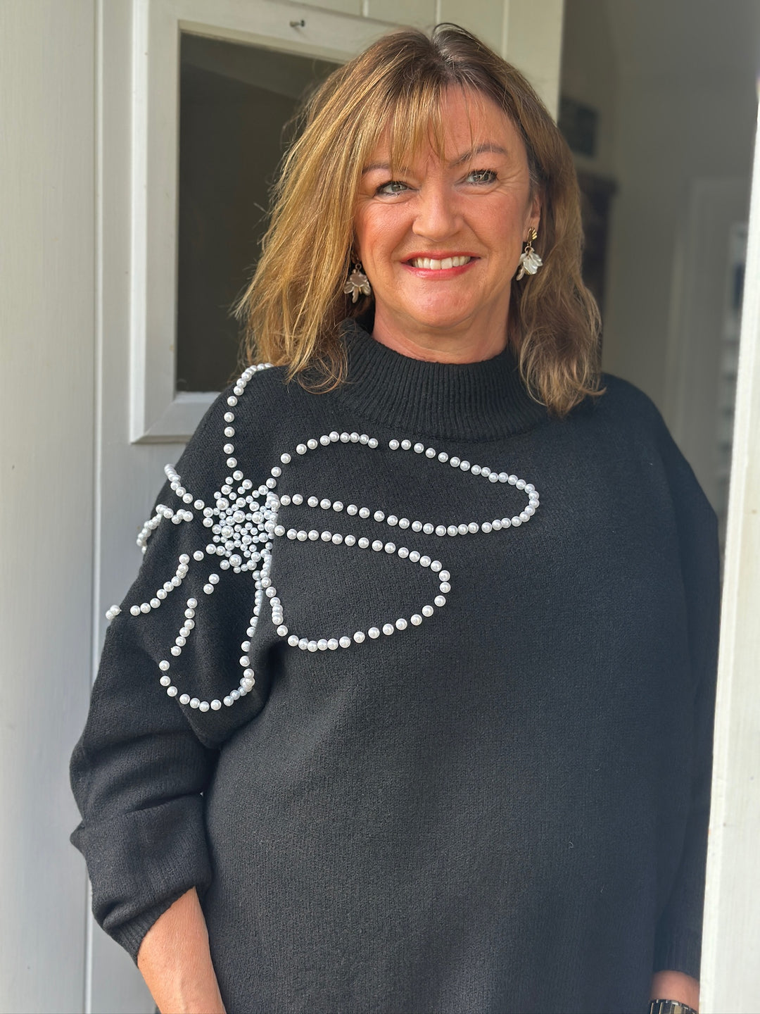 Pearl Floral Mock Neck Knit Jumper | Black