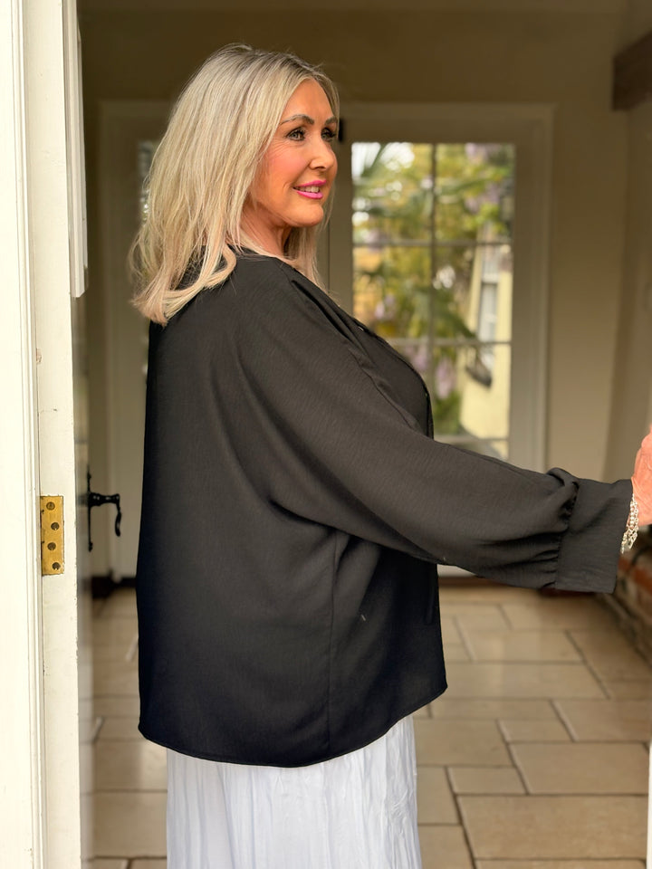 Long Sleeve Lightweight Top With Ties | Black