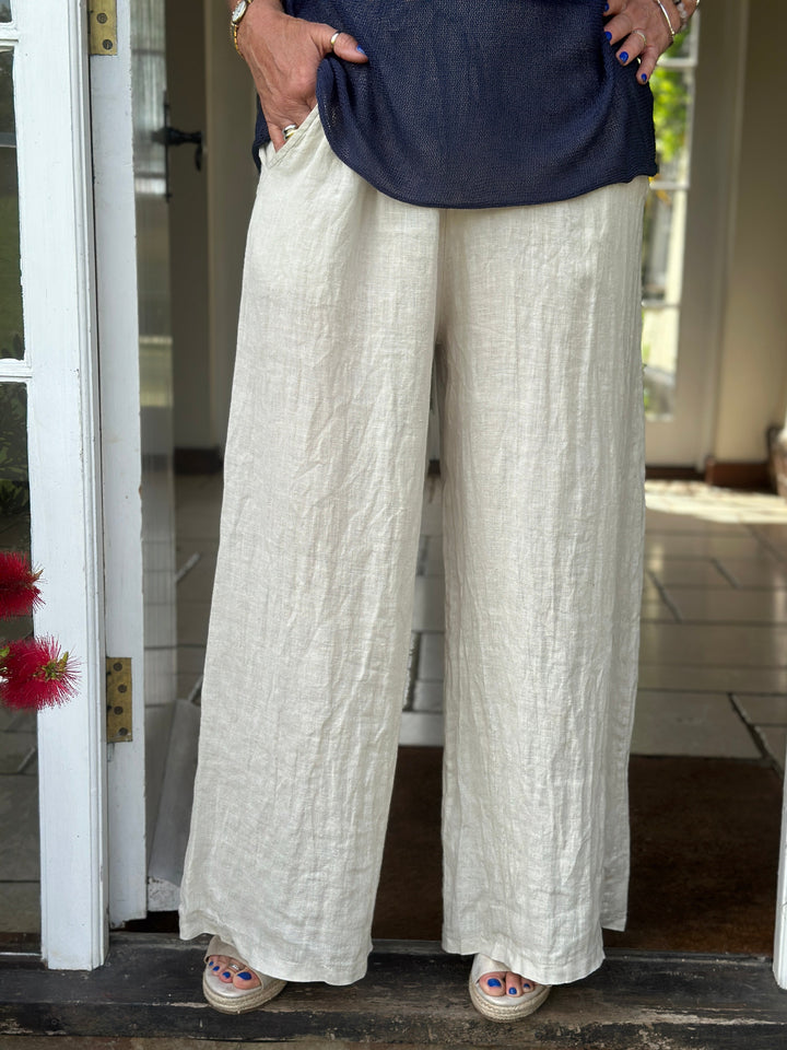 Wide Leg Linen Trouser | Beige