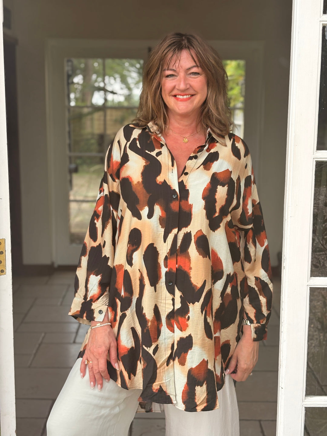 Animal Print Floaty Shirt | Beige