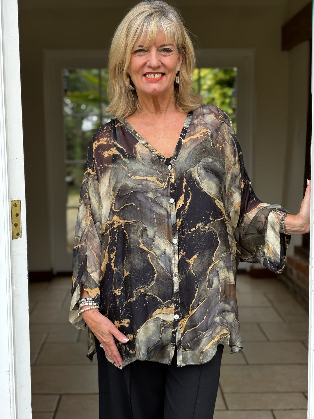 Naomi Marble Silk Blouse | Black