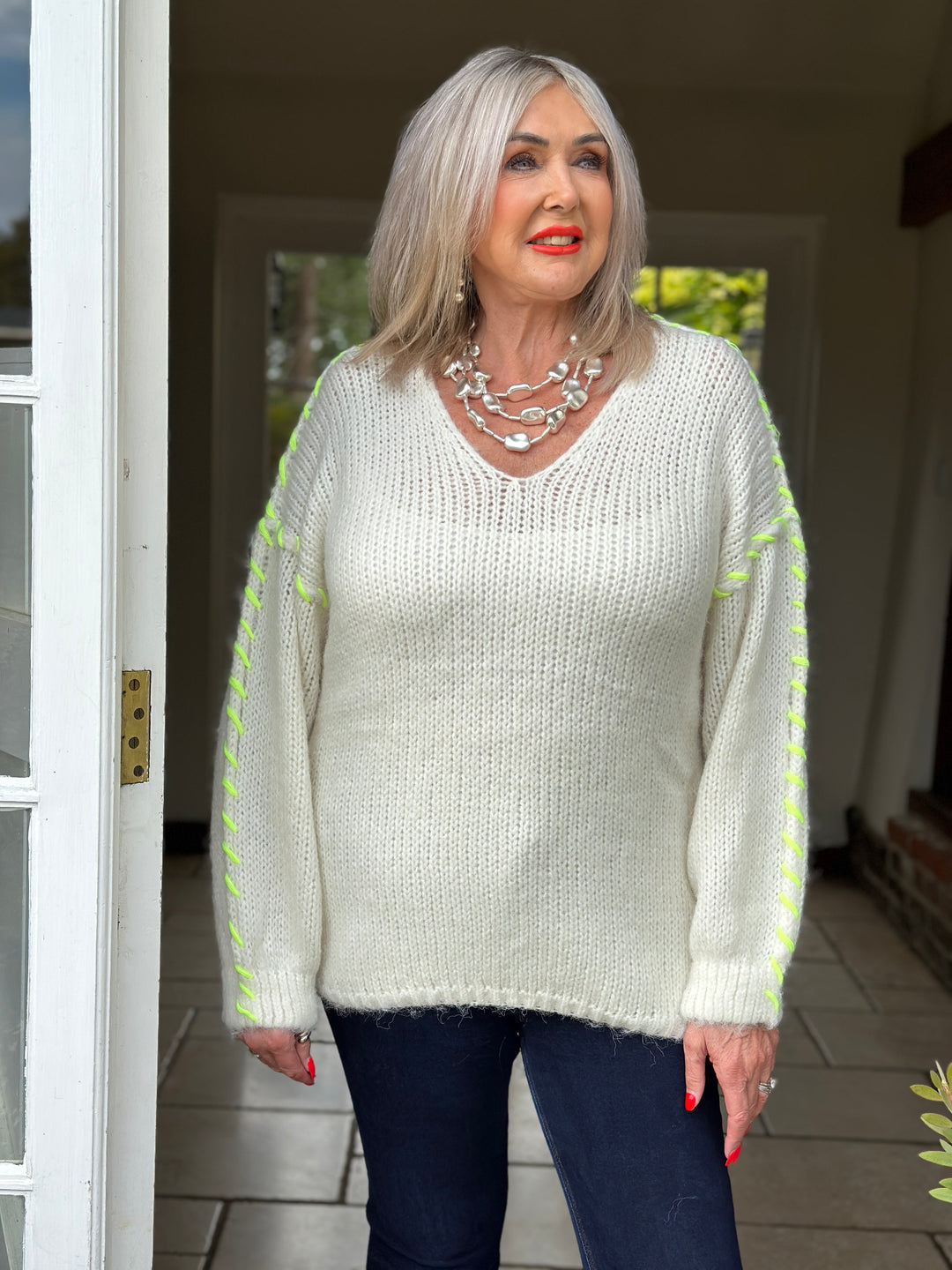 Contrast Stitch V-Neck Jumper  | Neon Yellow