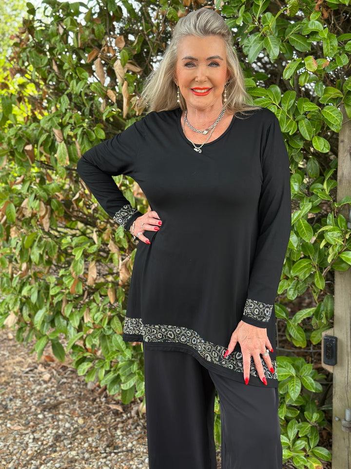 Sparkle Trim Long Sleeve Top - Malissa J | Black