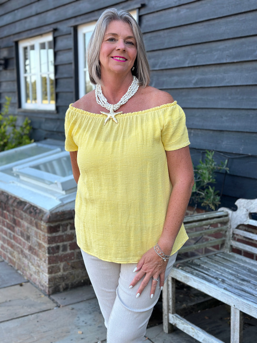 Cotton Linen Bardot Top | Lemon