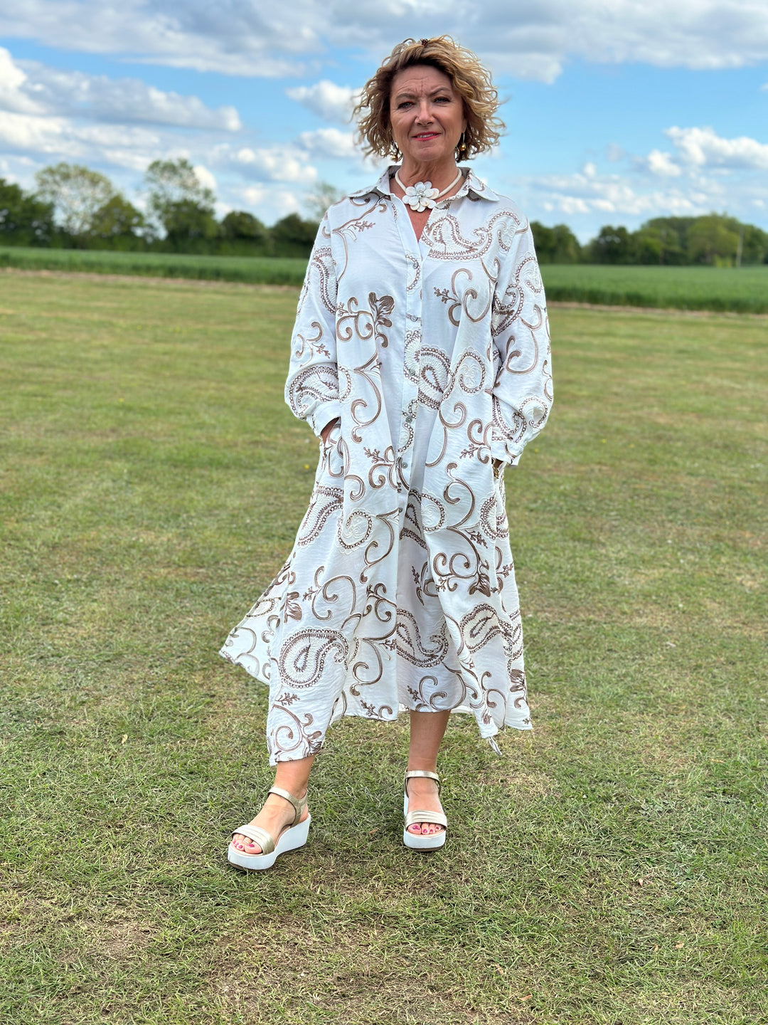 Embroidered Paisley Longline Shirt Dress - Malissa J | Latte