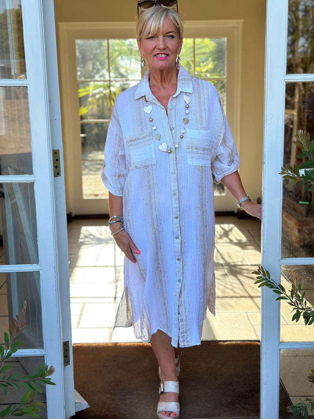Metallic Stripe Shirt Dress | White