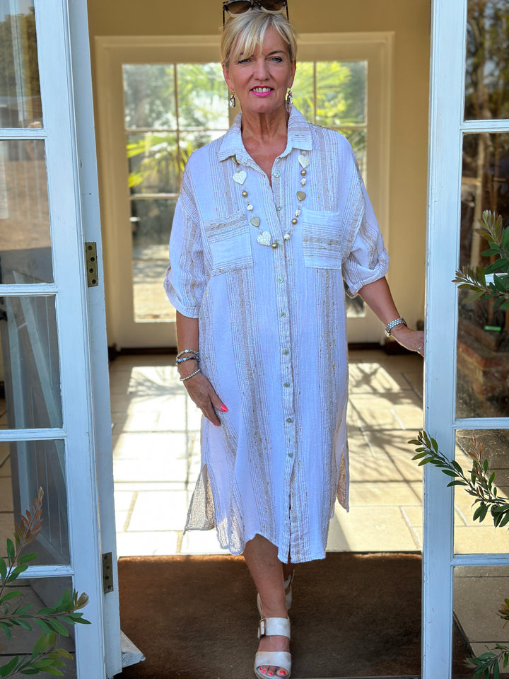 Metallic Stripe Shirt Dress | White
