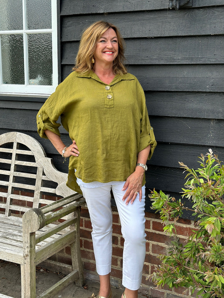 Linen Double Button Top | Olive