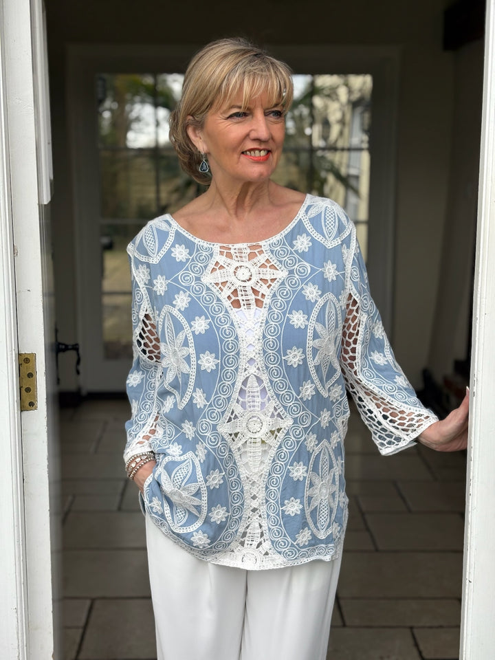 Floral Crochet Tapestry Design Top | Soft Blue