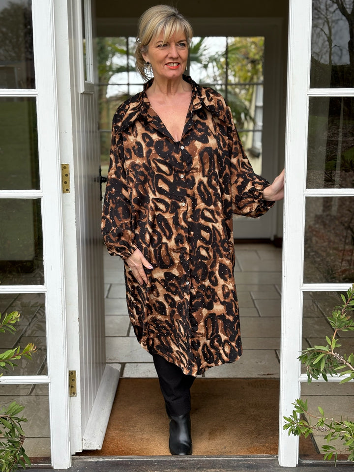 Animal Print Button-Through Tunic Shirt