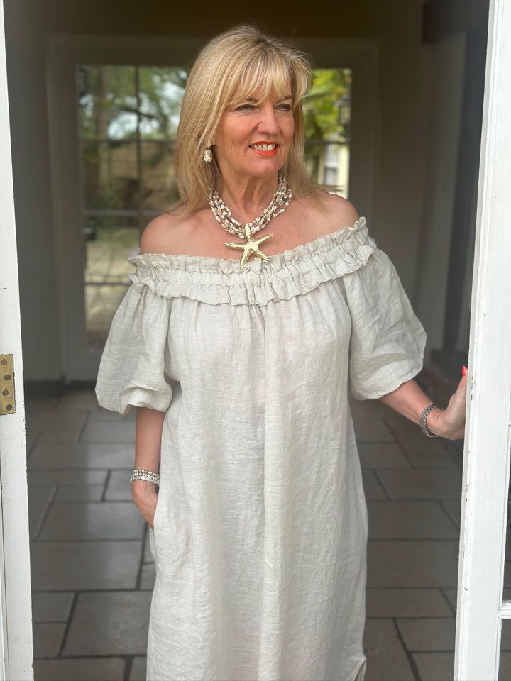 Ruffle Bardot Linen Dress | Stone
