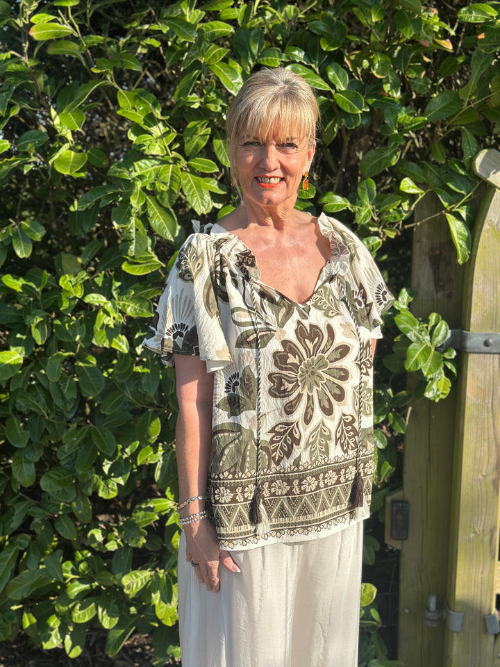 Botanical Print Ruffle Top - Malissa J | Khaki
