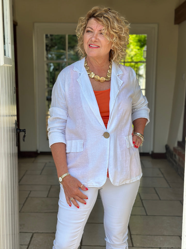 Linen-Blend Button Blazer | White