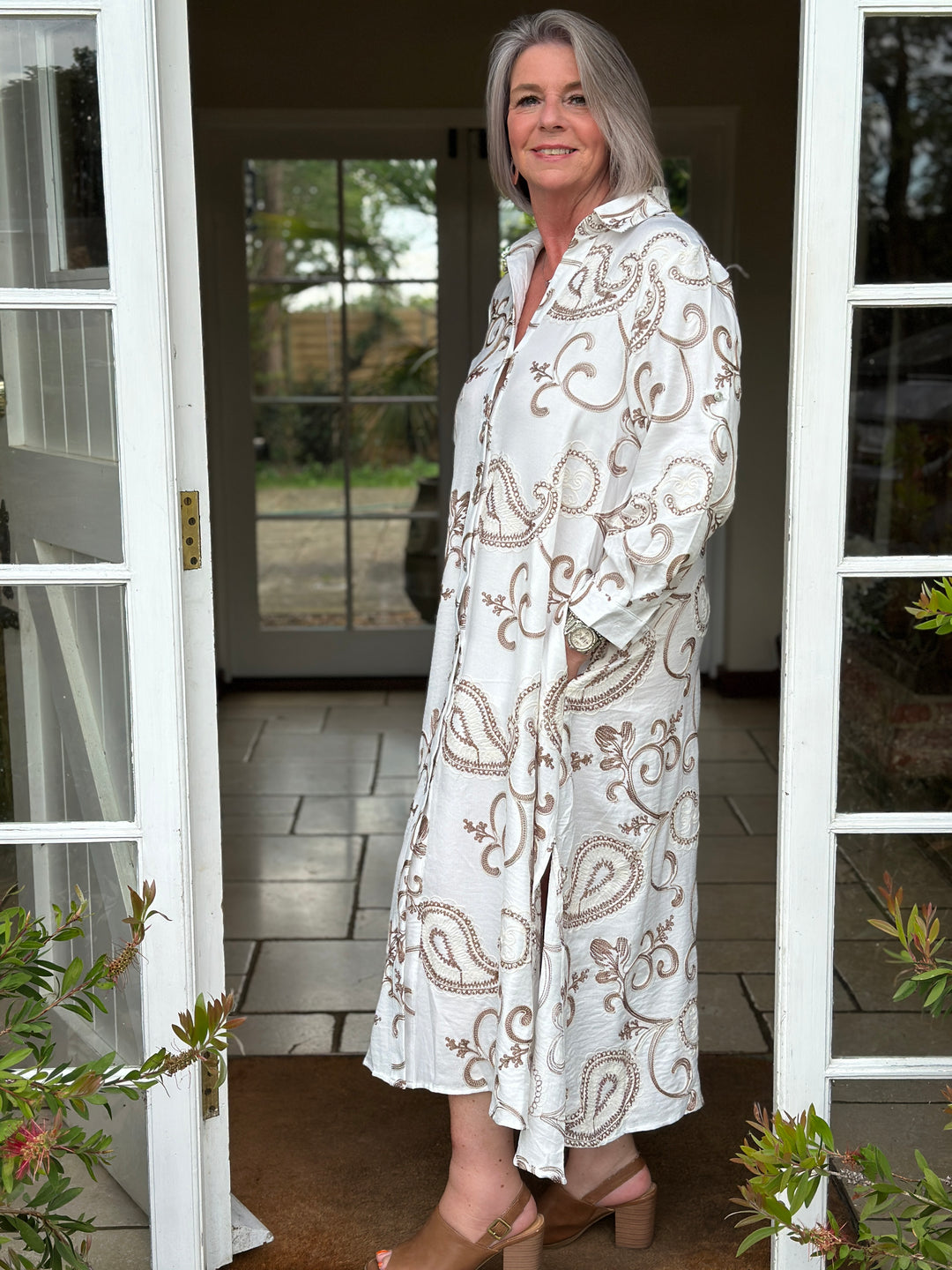 Embroidered Paisley Longline Shirt Dress - Malissa J | Latte