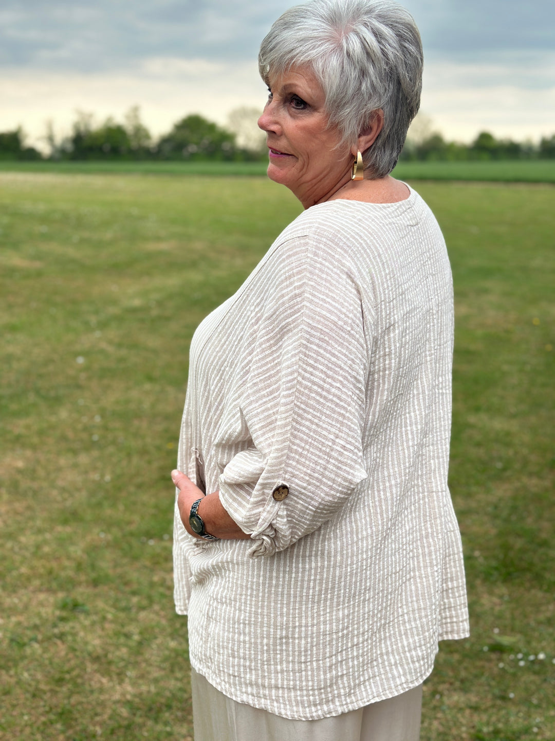 Urban Stripe Linen Top | Beige