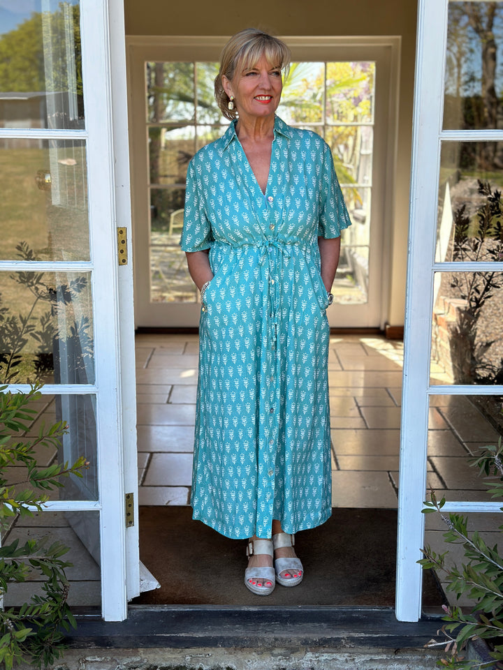 Drawstring Button Down Linen Dress DREAMS | Sea Foam