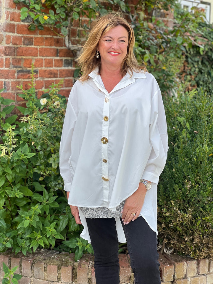 Gold Button Oversized Shirt - Malissa J | White
