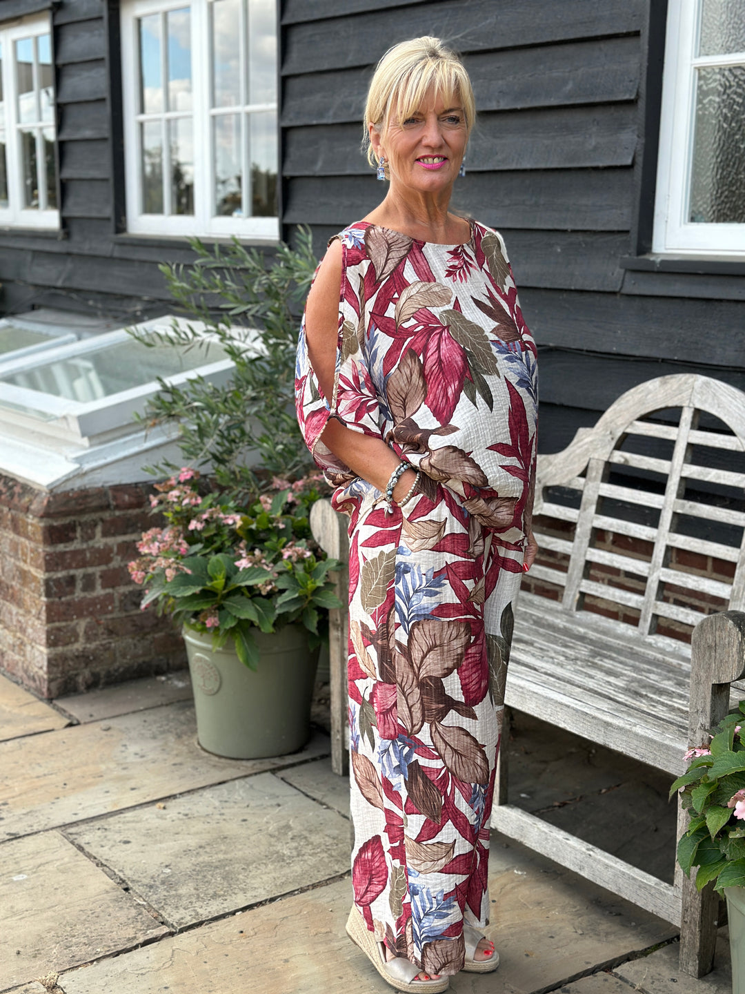 Leaf Print Cold-Shoulder Set | Burgundy