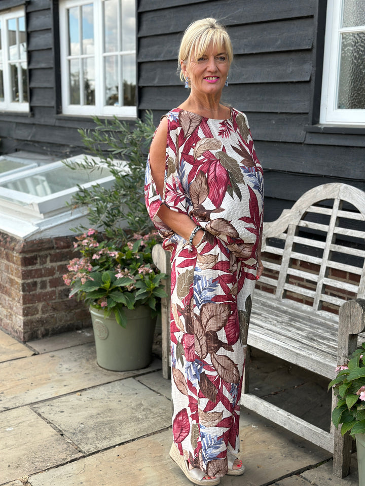 Leaf Print Cold-Shoulder Set | Burgundy