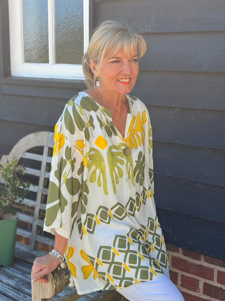 One Button Tunic Top Abstract Print | Khaki