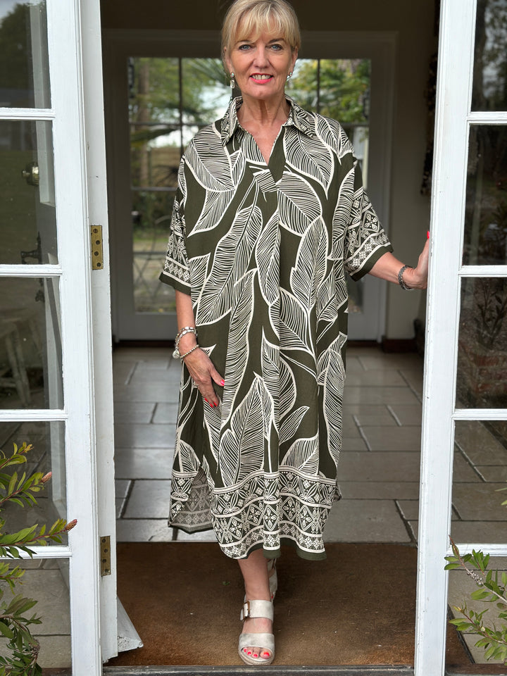 Palm Print Shirt Dress | Khaki