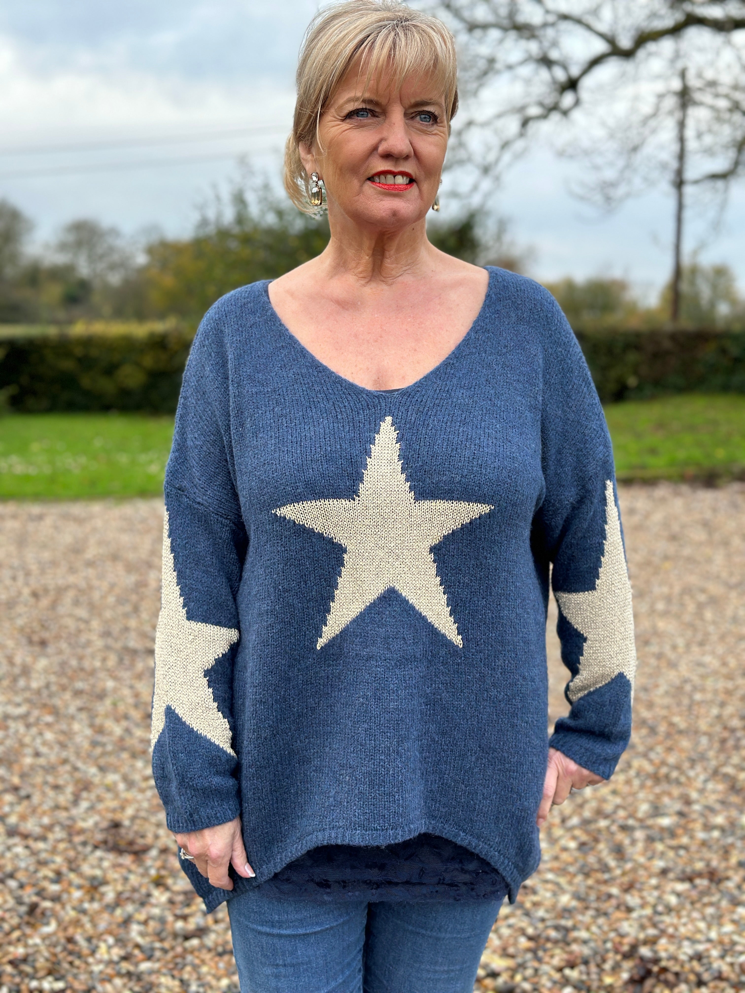 V Neck Gold Star Knitted Jumper Denim Mandy s Heaven