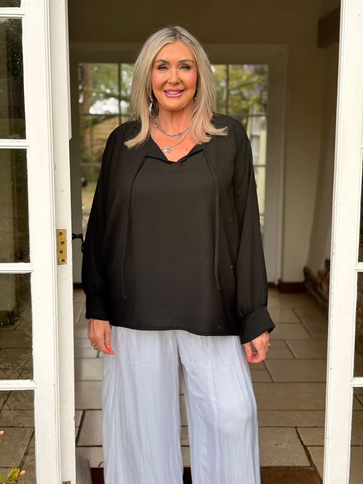 Long Sleeve Lightweight Top With Ties | Black