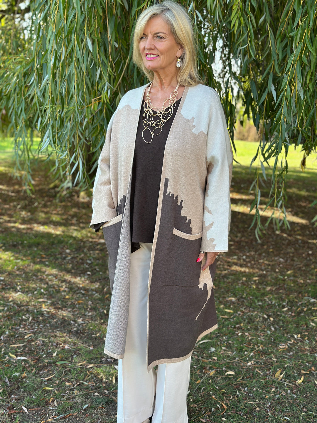 Long Line Knitted Pocket Cardigan | Neutral