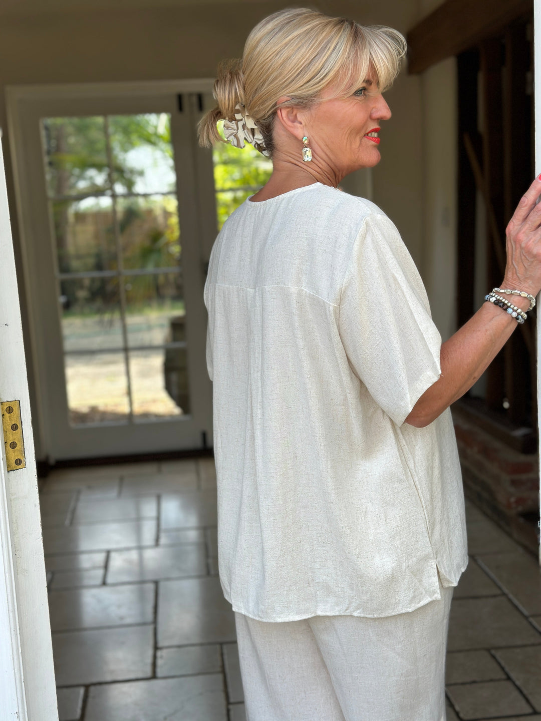 Lace Trim V-Neck Cotton Blend Top | Ivory