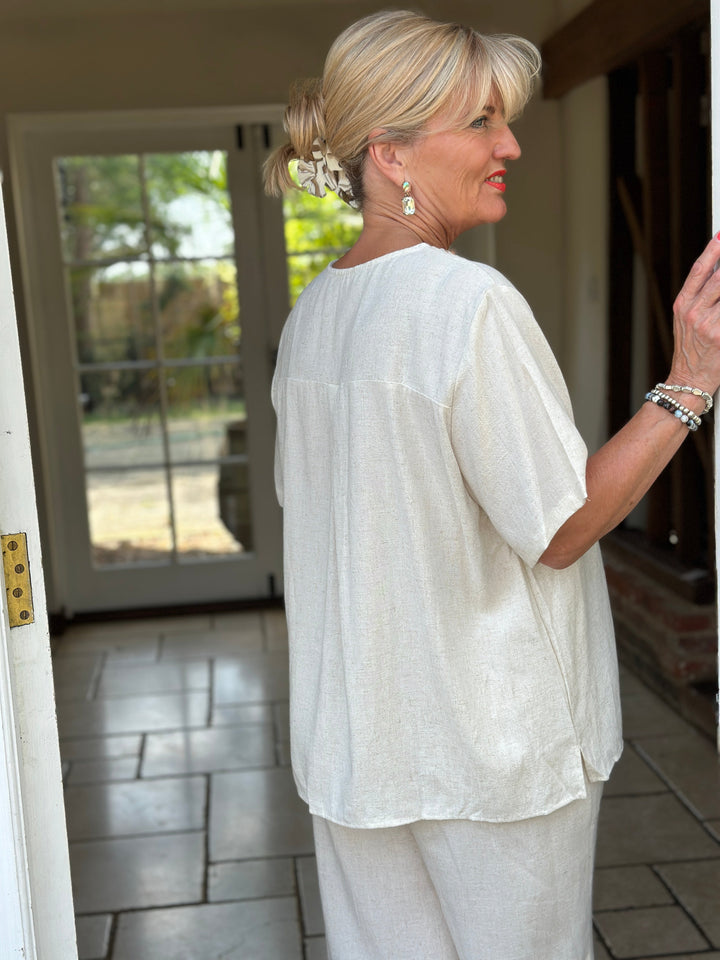 Lace Trim V-Neck Cotton Blend Top | Ivory