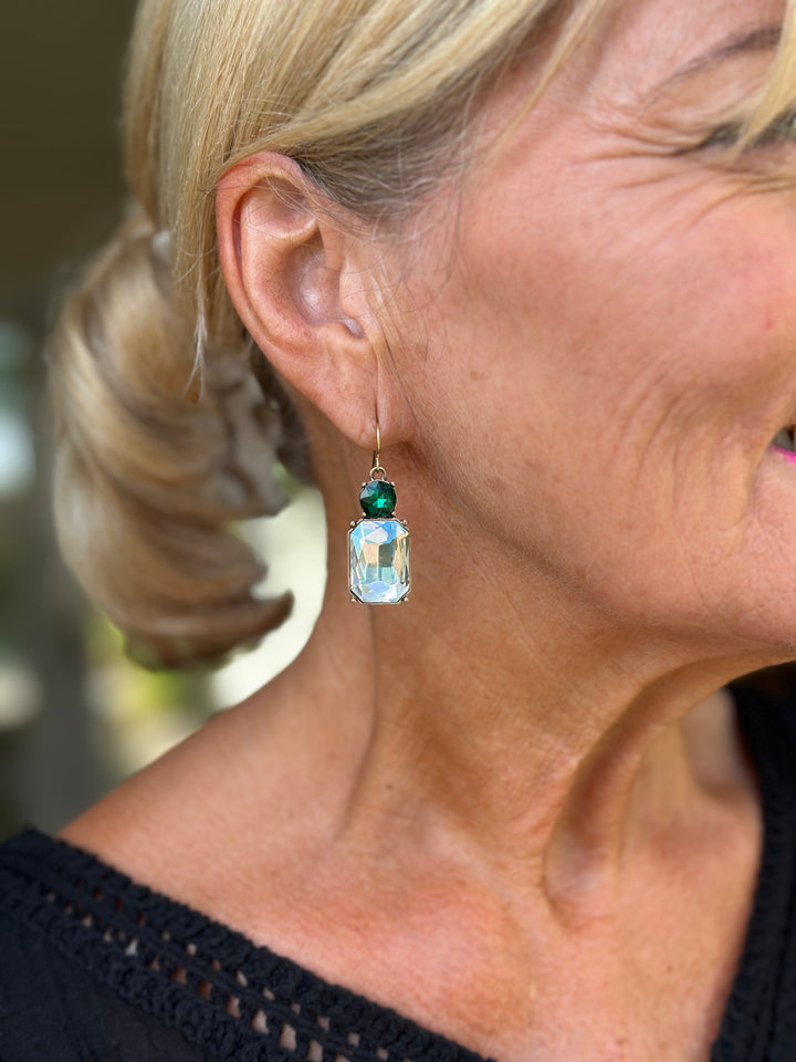 Hook Twin Gem Earrings | Clear & Emerald Green