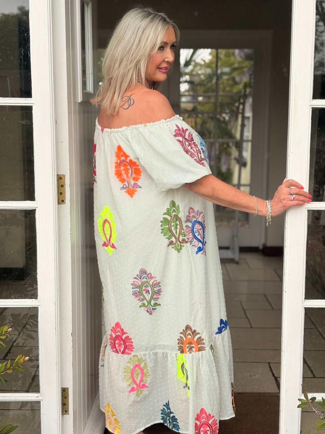Embroidered Bardot Dress - Malissa J | White