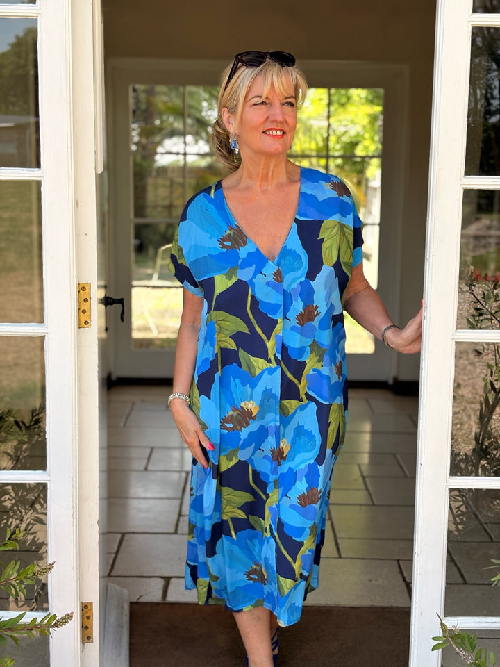 Floral V-neck Kaftan Dress | Blue