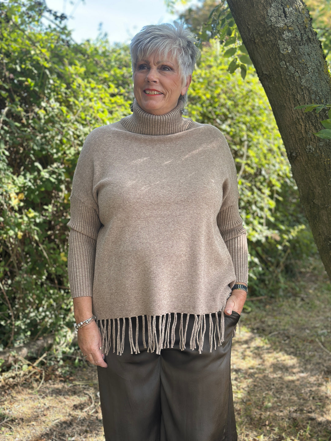 Roll Neck Tassel Hem Jumper | Taupe