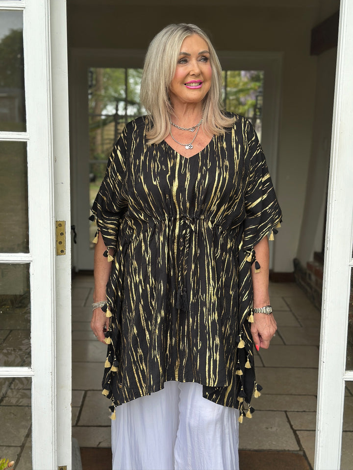Luxe Print Tassel Kaftan - Malissa J | Black/Gold