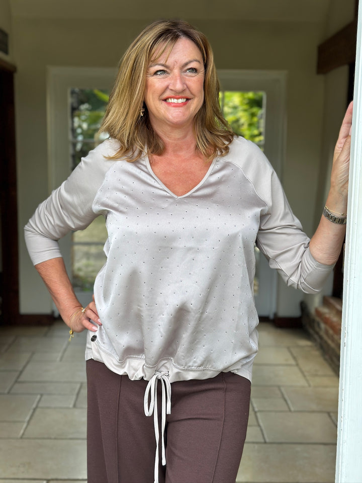 Studded Satin-Feel Front Top - Malissa J | Taupe