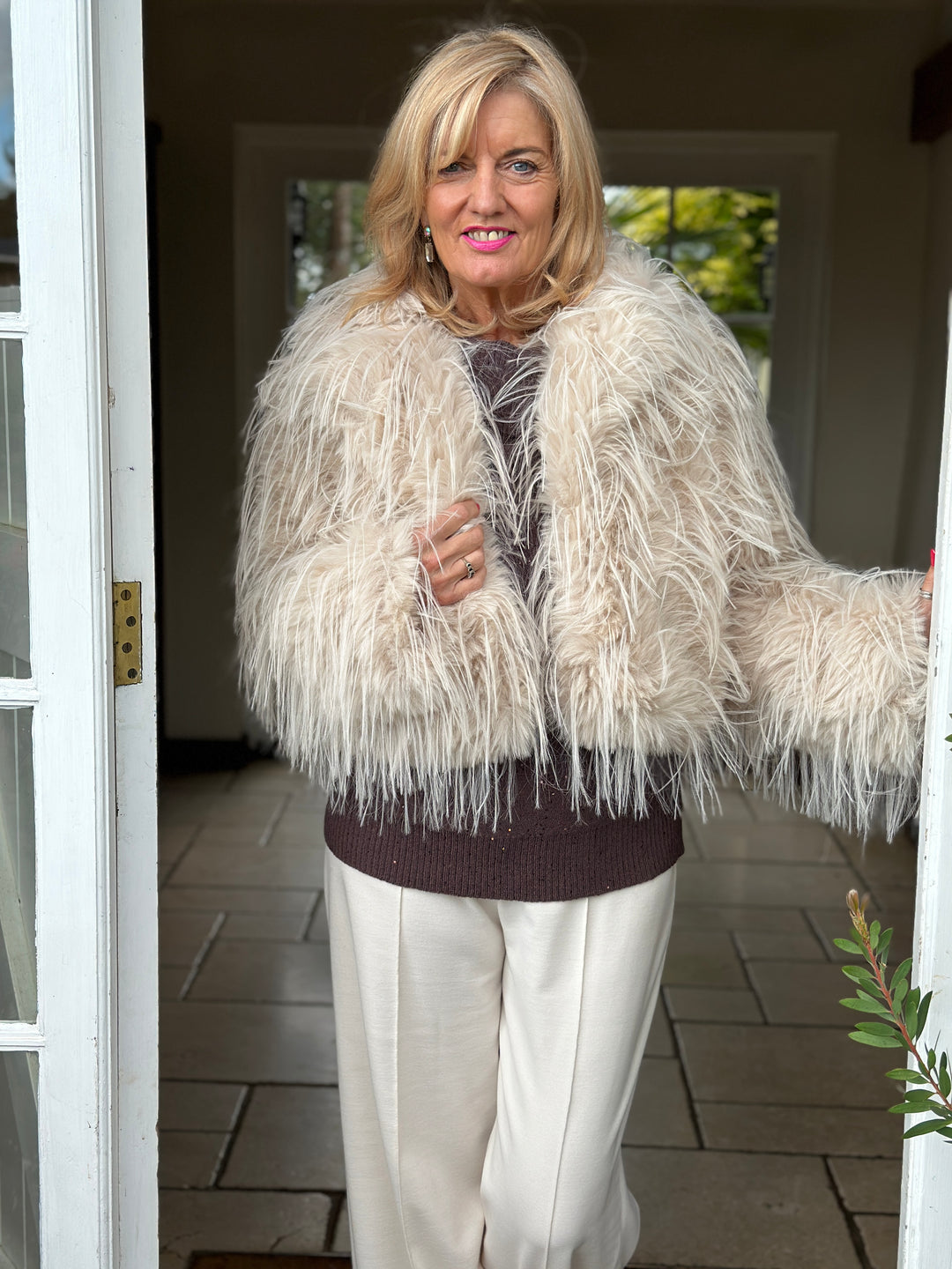 Long-Pile Faux Fur Jacket | Beige