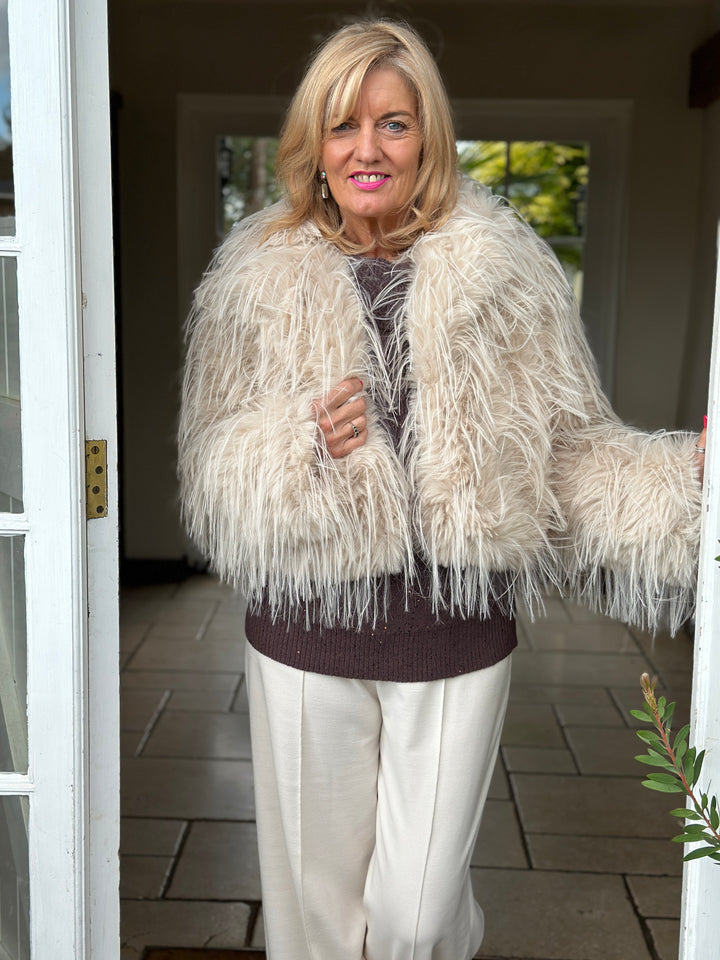 Long-Pile Faux Fur Jacket | Beige